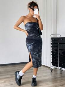 SHEIN EZwear 染色針織女士無肩帶連衣裙 - 黑與白 - 查看 5