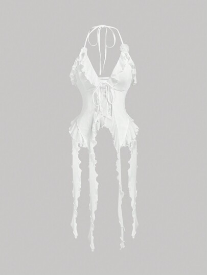 SHEIN MOD Top con cuello de lazo con ribete de volantes blancos y flores 3D, top de verano romántico para mujeres, atuendo para conciertos y outfits sexy de verano