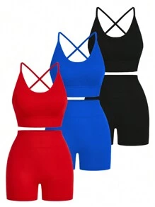 Easithlete 3pcs Women's Fashionable Seamless Sports Suit - Multicolor - View 2
