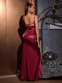 PARTHEA 细肩带花朵细节褶饰缎面优雅长裙派对礼服婚礼宾客礼服正式礼服晚礼服 - 酒紅色 - 查看 4