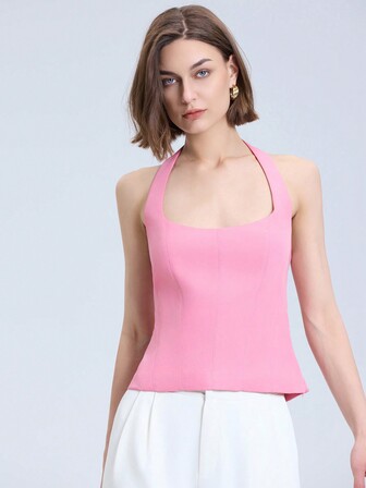 夏季纯色简约无袖露背吊带背心