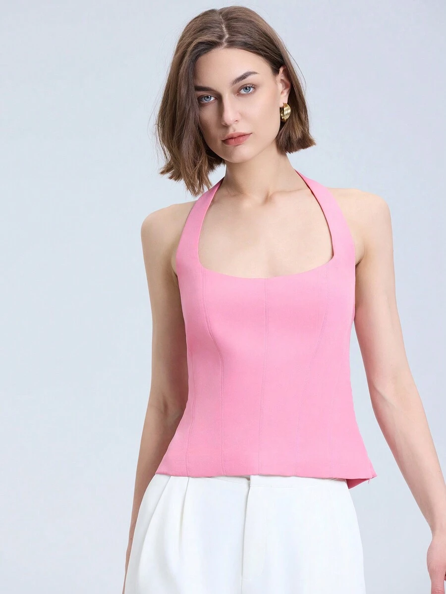 Áo ba lỗ hở lưng không tay đơn giản, cổ yếm, mùa hè - Hồng - Xem 1
