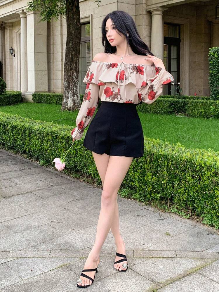 1pc Women All-Over Floral Print Open Shoulder Ruffle Tie Cuff Long Sleeve Blouse,Long Sleeve Tops Summer,Off Shoulder Top,Back To School Clothes Vacation Outfits Women Easter Boho