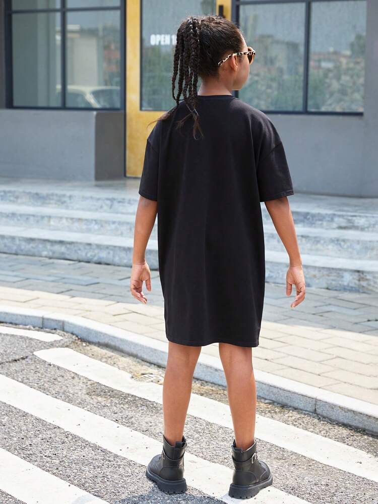 Tween Girl Loose Casual Cool Printed Hollow Out Wide Strap Drop-Sleeve T-Shirt Dress For Summer