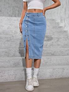 SHEIN PETITE Women's Side Button Slim Fit Denim Pencil Skirt - Light Wash - View 2