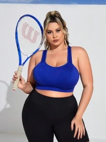 Gameset SHEIN Sport Plus Size Sports Bra With High Support To Enhance Bust, Fixed Cup And Adjustable Straps - Blue - View 2