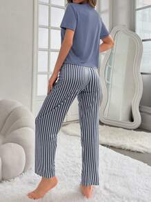Women's Letter Printed Short Sleeve T-Shirt And Striped Pants Casual Pajama Set - Dusty Blue - View 2