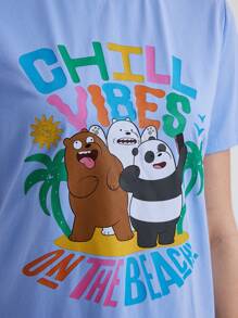 We Bare Bears X SHEIN 夏季卡通熊印花短袖連衣裙 - 淺色水洗藍 - 查看 3
