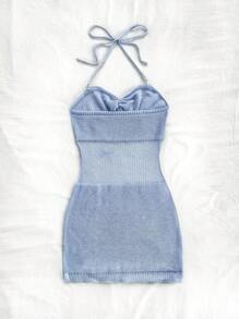 Soleia 藍色針織三維蝴蝶紋理浪漫休閒修身女士毛衣連身裙/迷你裙 - 藍色 - 查看 2