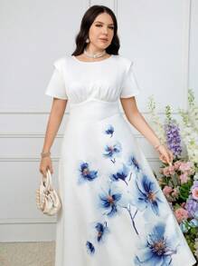 Modelyn 大碼花卉印花圓領度假風夏季連衣裙 - 白色 - 查看 3