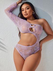 Lenjerie sexy cu mânecă lungă, cu un umăr, din dantelă florală de mărime mare