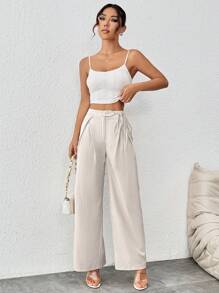 SHEIN PETITE 高腰褶皺細節扭結側邊寬褲 - 卡其色 - 查看 7