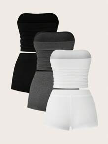 SHEIN Unity Conjunto casual de dos piezas de verano para mujer con parte superior sin tirantes plisada de unicolor y shorts - Multicolor - Ver 2