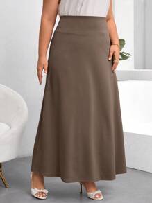 SHEIN Clasi Falda negra larga de línea A para tallas grandes - Camel - Ver 4