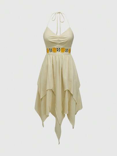 Hippie Women's Halter Neck Summer Dress With Asymmetrical Hemline And Floral Embroidery