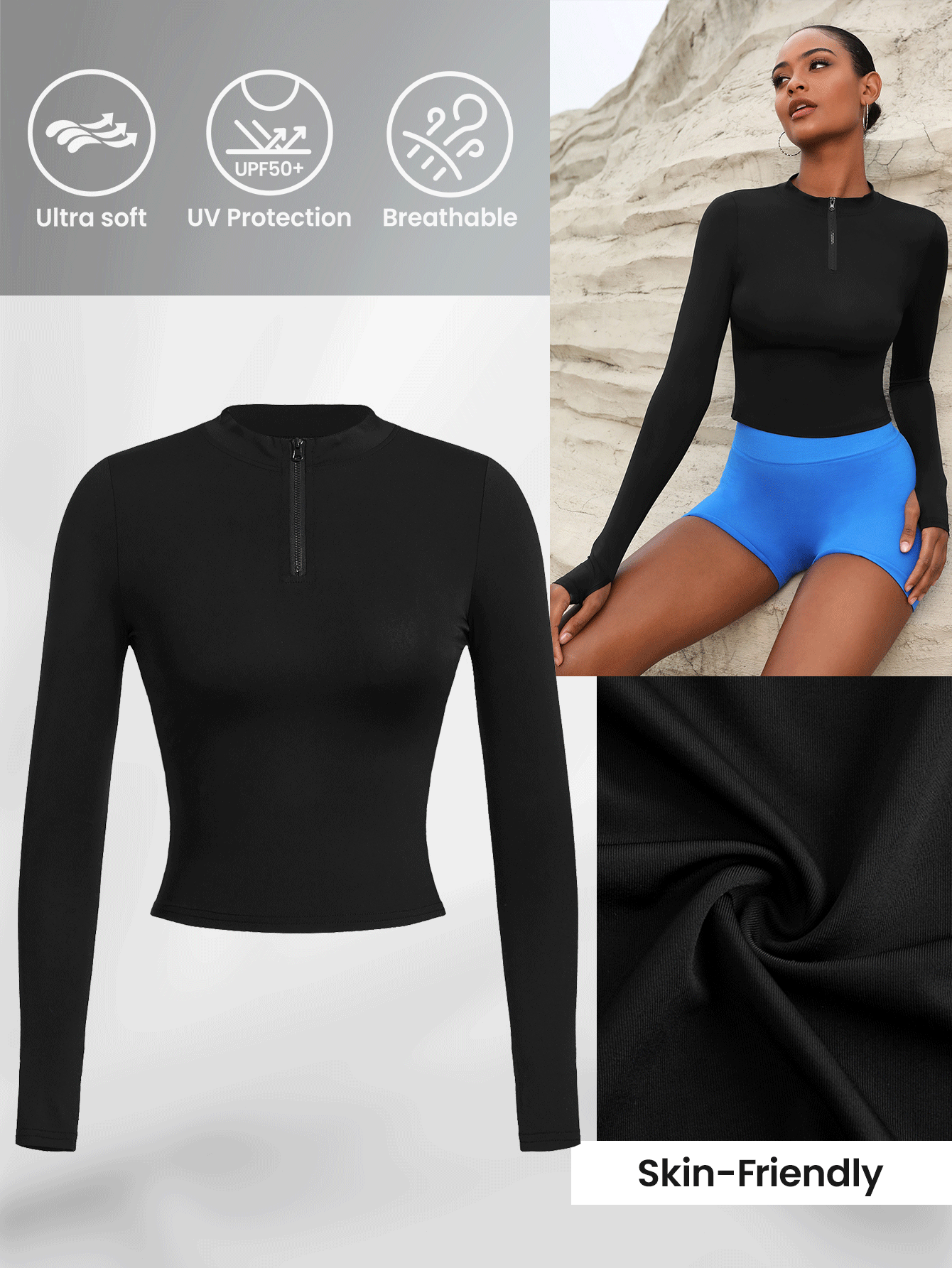 Easithlete 女式優雅性感透氣套頭休閒街頭運動拉鍊修身瑜珈外套 - 黑色 - 查看 4