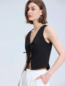 Ladies' Solid Color Simple Daily Sleeveless Strap Vest - Black - View 5