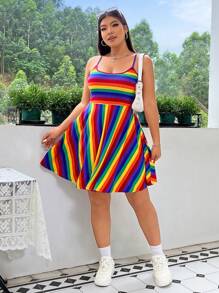 SHEIN EZwear 女式加大码夏季彩虹条纹图案 A 字形针织弹力吊带连衣裙 - 彩色 - 查看 4