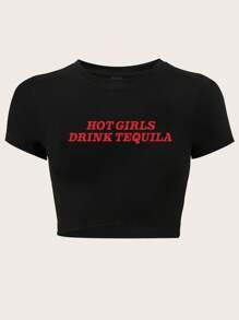 SHEIN EZwear Camiseta rosa de verano con eslogan "TEQUILA" para mujer talla grande, Camiseta corta "LAS CHICAS CALIENTES BEBEN TEQUILA"