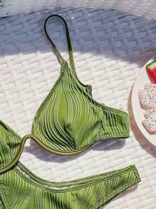 SHEIN Swim Women's Summer Beach Solid Color Textured Push Up Bikini Set With Separated Bikini Set, Underwire - Olive Green - View 3