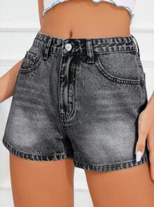 SHEIN Frenchy Của phụ nữ Giải trí Đơn giản Quần short Denim Đối với Mặc hàng ngày - Màu xám đen - Xem 3