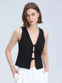 Ladies' Solid Color Simple Daily Sleeveless Strap Vest - Black - View 1