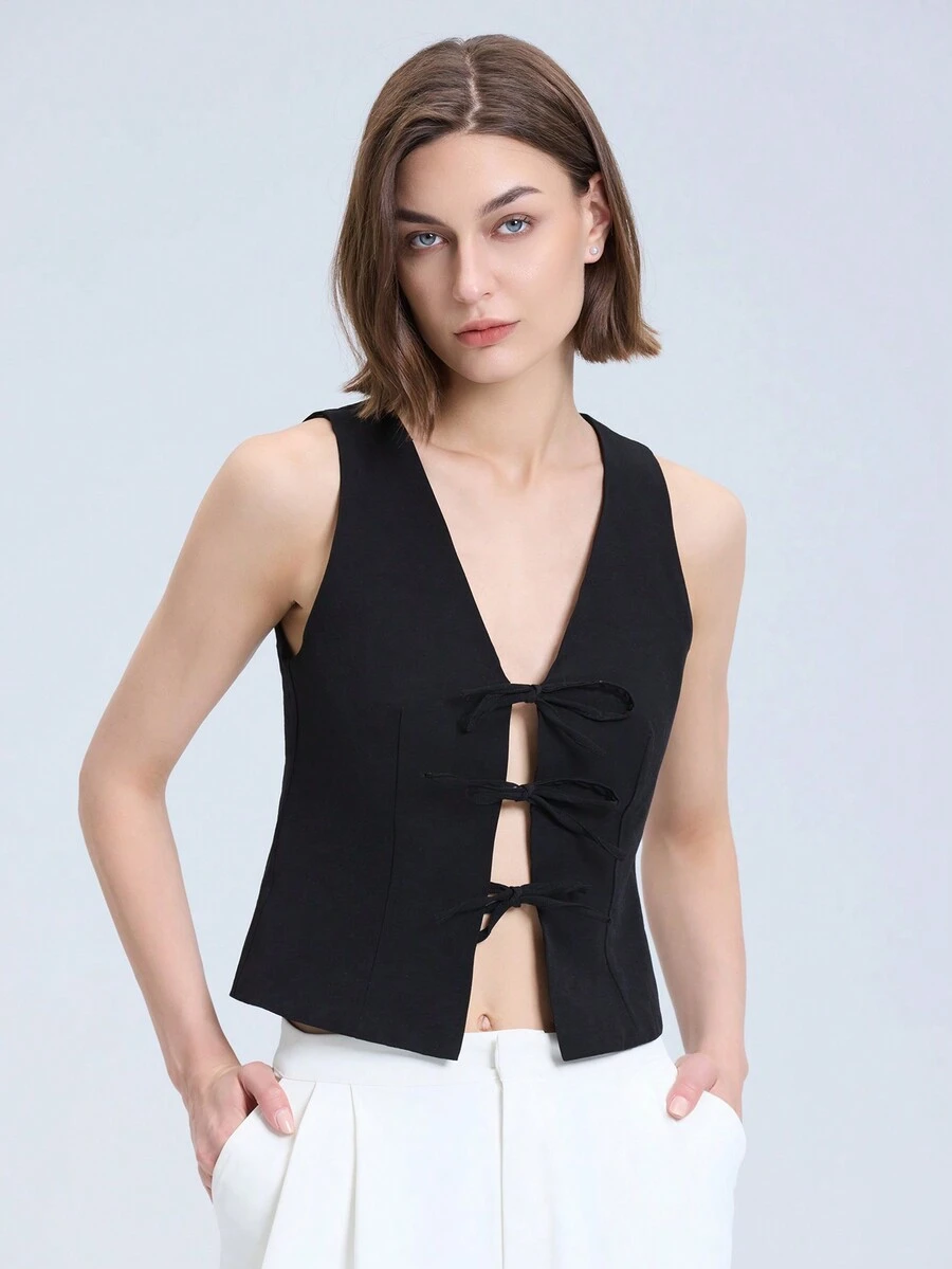Ladies' Solid Color Simple Daily Sleeveless Strap Vest - Black - View 1