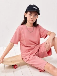 SHEIN Tween Girls' Loose Fit Casual Round Neck Letter Patched T-Shirt And Shorts Set - Pink - View 5