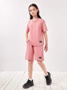SHEIN Tween Girls' Loose Fit Casual Round Neck Letter Patched T-Shirt And Shorts Set - Pink - View 6