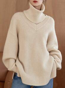 DAZY Ribbed Knit Drop Shoulder Sweater With Infinity Scarf,Fall Women Clothes Turtleneck Women