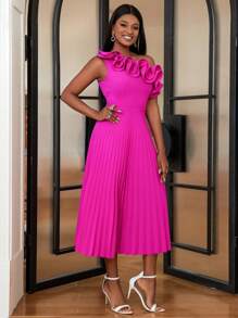 Plus One Shoulder Ruffle Trim Pleated Hem Dress - Hot Pink - View 2