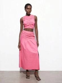 Maija 2pcs Outdoor Set For Women: Watermelon Pink Ruffle Trim Top + Pleated Skirt