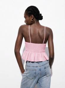 Maija Áo hai dây xếp ly viền bèo nhún thường ngày cho nữ, màu hồng, dành cho kỳ nghỉ - Hồng - Xem 2