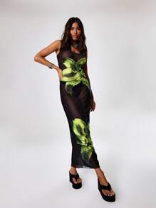 MUSERA Sexy Printed Sheer Mesh Maxi Dress Vacation Spring Sheer Floral Flower Boho Summer Wedding Guest Ibiza Holiday Beach Night Out Wedding Guest, Elegant, Date Night, Christmas, , Fall, Winter