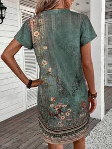 EMERY ROSE Vestido azul marino casual con botones ocultos y pequeño escote en V - Verde - Ver 2