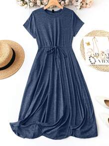 SHEIN LUNE Plus Size Solid Color Drawstring Waist Short Sleeve Vacation & Casual Dress - Blue - View 1