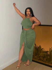 Slaydiva 大码度假优雅休闲风格绿色无袖吊带背心和不对称下摆裙子套装，刺绣领子，女士 2 件套服装，春夏