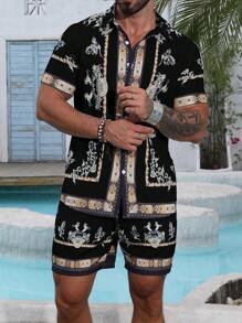 Manfinity RSRT Traje casual de vacaciones para hombre con camisa de manga corta y pantalones cortos estampados de flores