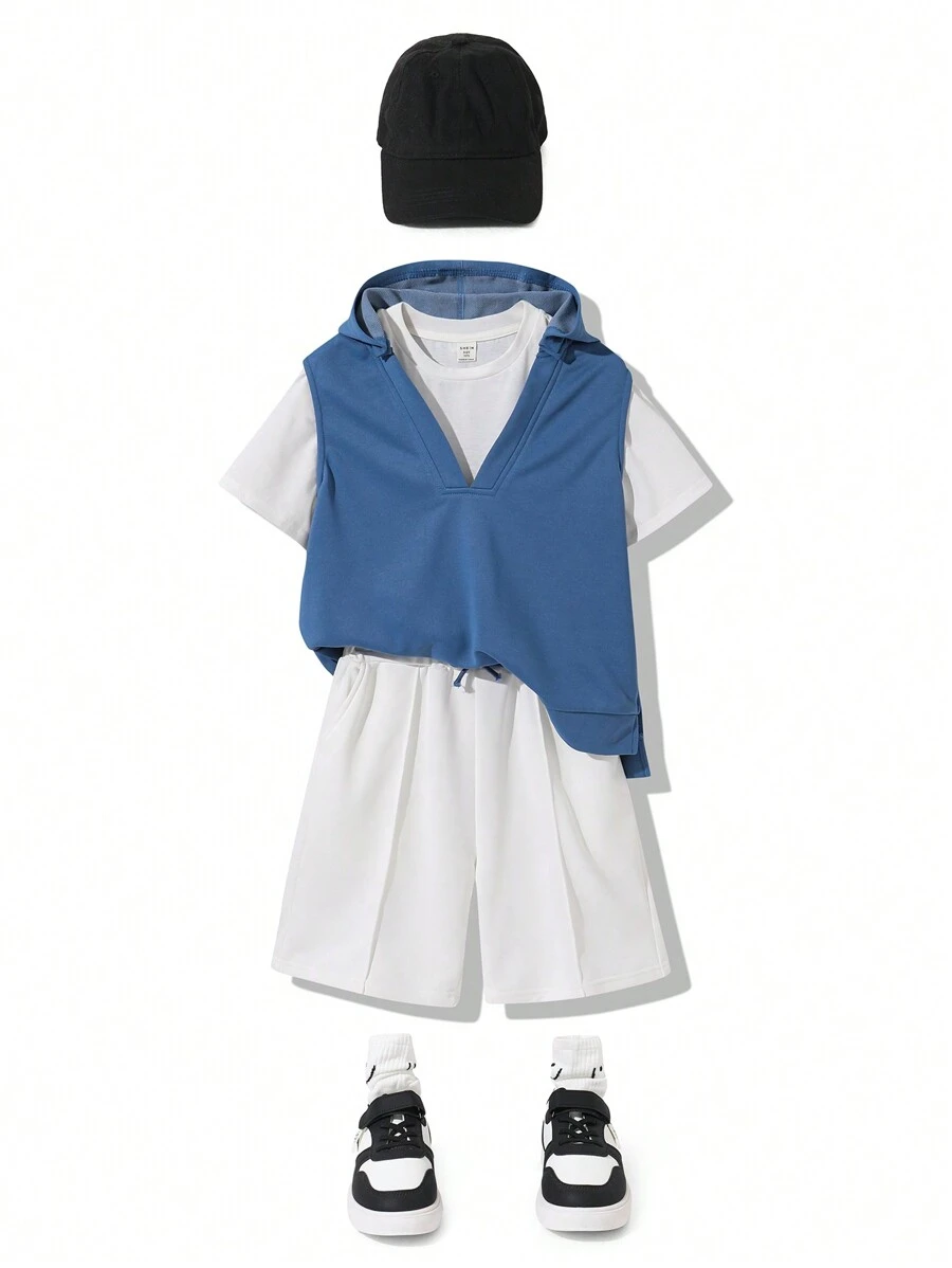 Tween Boy 3 chiếc áo vest màu trơn thường ngày + áo thun ngắn tay + trang phục quần dài kèm áo hoodie - Màu xanh lam - Xem 1