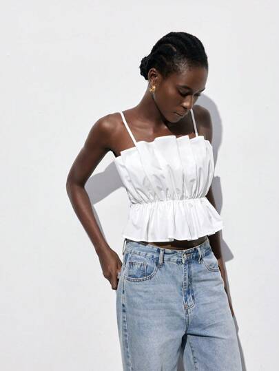 Maija 2025 Spring Summer Early Autumn 4th Of July Graduation Pleated Cinched Waist Crop White Women Top, Elegant Minimalist Design Suitable For Graduation, Back To School, Party