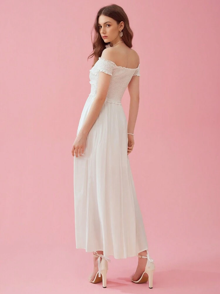 Women's Summer Off-Shoulder Shirred Dress With Split Hem