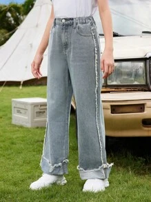 Quần denim thể thao thông thường Tween Girl với phong cách cá tính - Rửa tối - Xem 1