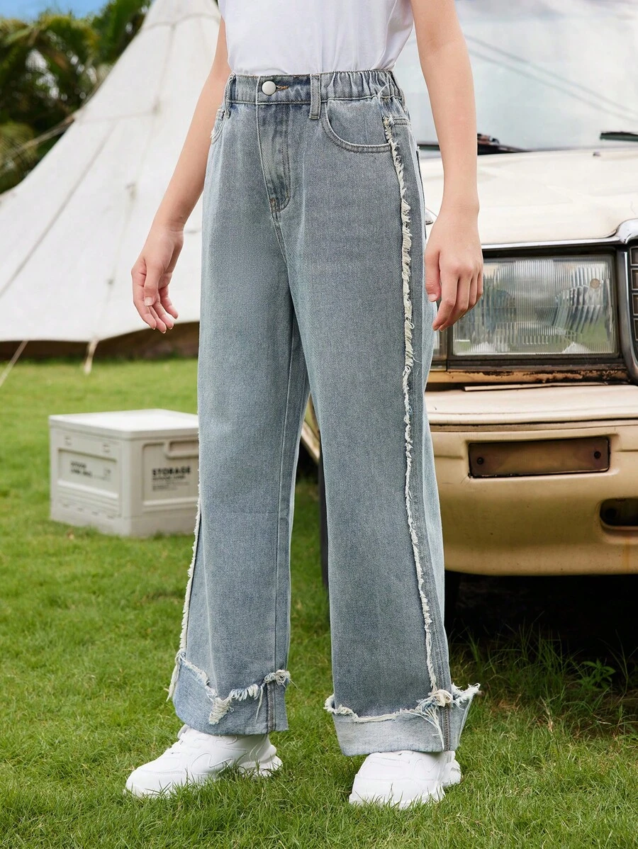 Quần denim thể thao thông thường Tween Girl với phong cách cá tính - Rửa tối - Xem 1