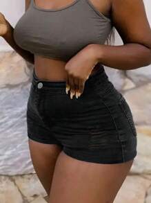 Women's Summer New Ripped Pocket Denim Shorts - Black - View 4