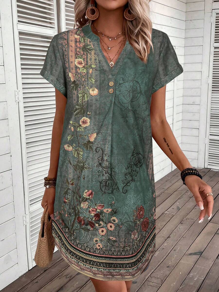 EMERY ROSE Vestido azul marino casual con botones ocultos y pequeño escote en V - Verde - Ver 1