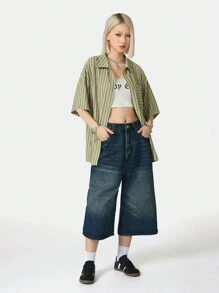 SHEIN EZwear Women's Green Striped Textured Loose Fit Shirt - Olive Green - View 5