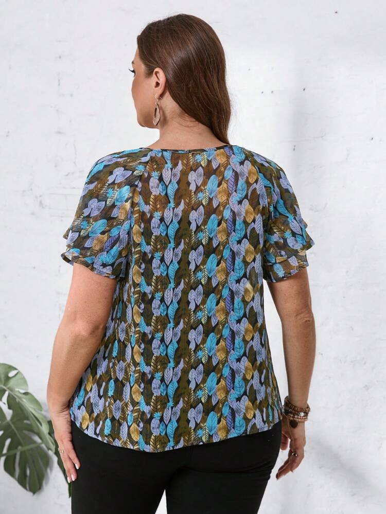 Plus Size Women'S Keyhole Neckline Butterfly Sleeve With All-Over Leaf Print Flower Shirt For Summer