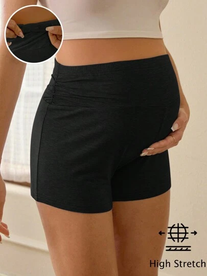 SHEIN Shorts casuales de verano de maternidad de cintura alta y plisados de unicolor