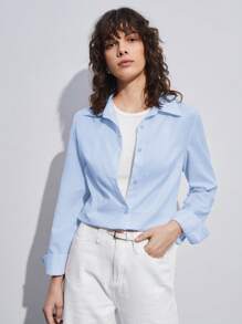 BizChic 女士休闲翻领长袖衬衫，基础都市通勤风格，简约优雅时尚商务休闲风，适合教师及办公室穿着，秋季款 - 藍色 - 查看 7