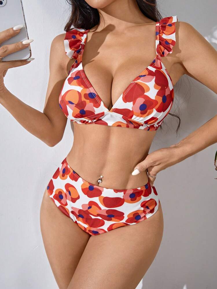 Women's Summer Floral Printing Two-Piece Bikini Set, Flutter Sleeve Sexy Bikini Set For Vacation